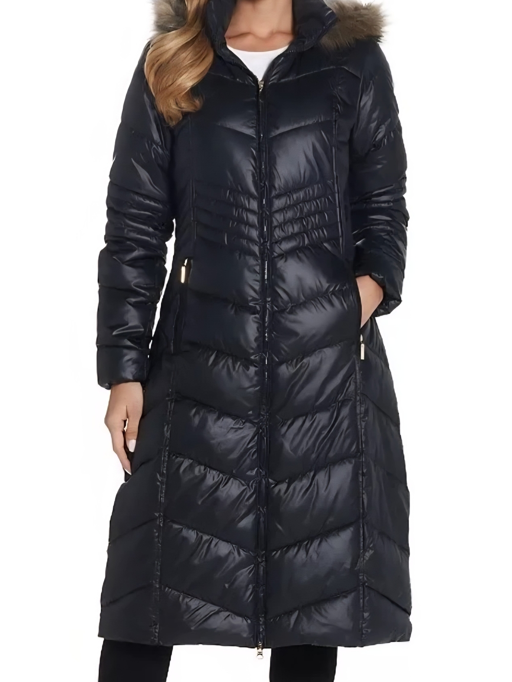 95-NWT-Gallery Black Long Quilted Puffer with Removable Faux-Fur Hood (S-XS) - Picture 3 of 4
